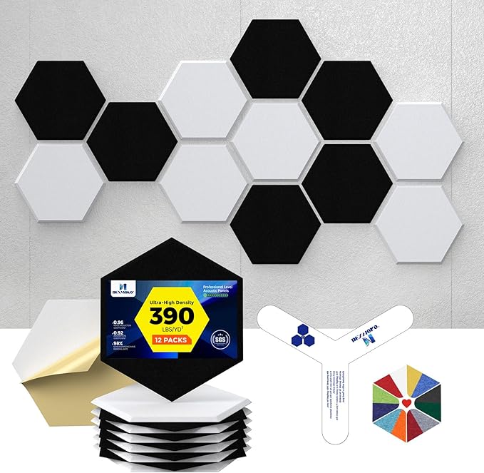 Self-Adhesive Acoustic Panels [390 lbs/yd³ Ultra-High Density], 2nd Generation Sound Absorbing Panel, Professional Level Sound Panel, Polyester Soundproof Foam [Size M, White & Black]