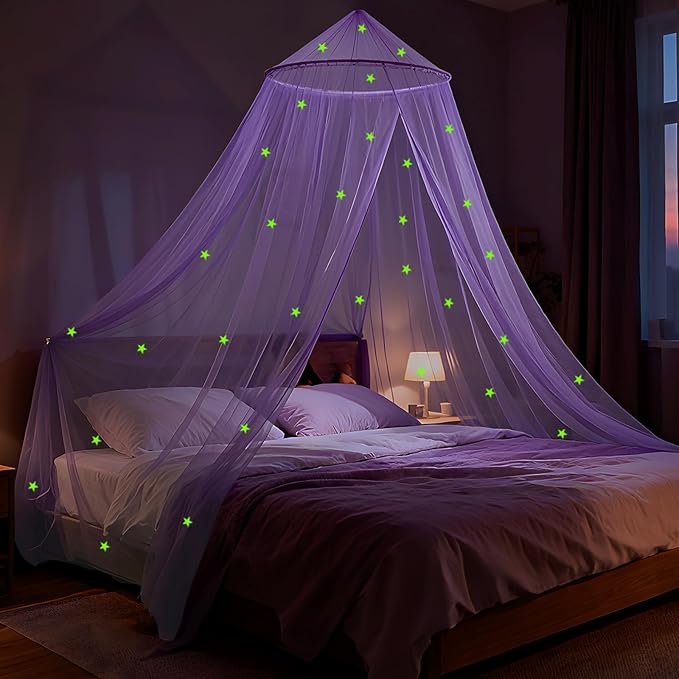 Purple Princess Bed Canopy for Girls with Glowing Stars, Canopy Bed Curtains for Twin, Full, and Queen Sizes; Ceiling Tent for Reading Nooks, Mosquito Net for Indoor Room Decor and Outdoor Use