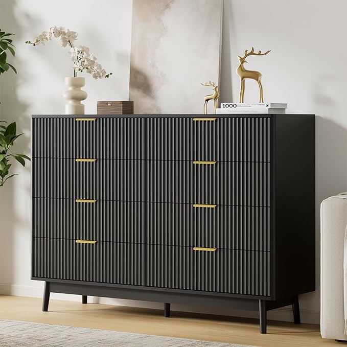 LYNSOM Fluted Dresser and Nightstand Sets 3 Piece, 8-Drawers Dresser and 1-Drawer Nightstands Set of 2, Wood Bedroom Furniture Set for Home, Bedroom, Hallway, Black