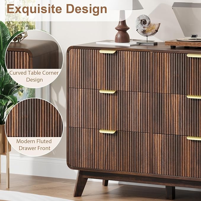 QUW Fluted 59.1" Wide Modern Dresser for Bedroom with 9 Drawers, Tall Chest of Drawers with Metal Handle, Wooden Dresser TV Stand, Hallway, Living Room, Dark Walnut