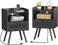 SUPERJARE Nightstands with Charging Station, Bedside Table Set of 2 with Texilene Surface Drawers, Rattan Side Table with Storage & Solid Wood Feet, End Table for Bedroom, All Black