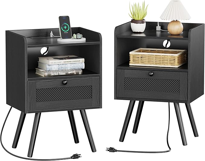 SUPERJARE Nightstands with Charging Station, Bedside Table Set of 2 with Texilene Surface Drawers, Rattan Side Table with Storage & Solid Wood Feet, End Table for Bedroom, All Black