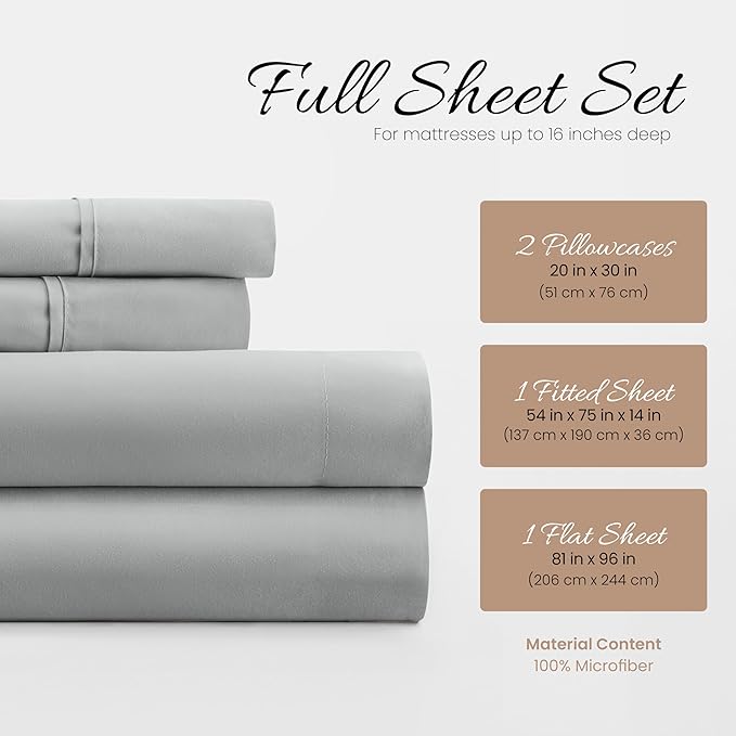 Linen Market Brushed Microfiber Full Sheet Set 4 Piece – Oeko-TEX Certified Ultra Soft & Wrinkle-Free - 16" Deep Pocket Sheets - Easy Care Full Size - Light Gray