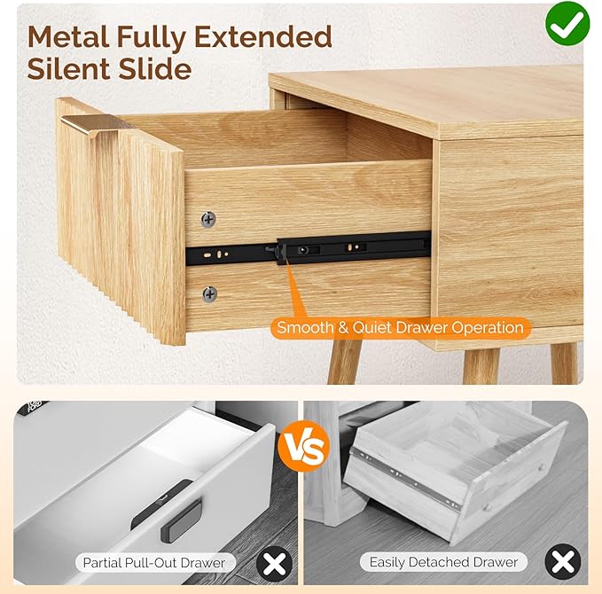 VINGLI Nightstands Set of 2, Fluted Night Stand with Drawer, Bedside Table, Wood Nightstand for Bedroom, Mid Century Modern End Tables, Natural Oak, 18.9" W*14.96" D*24" H
