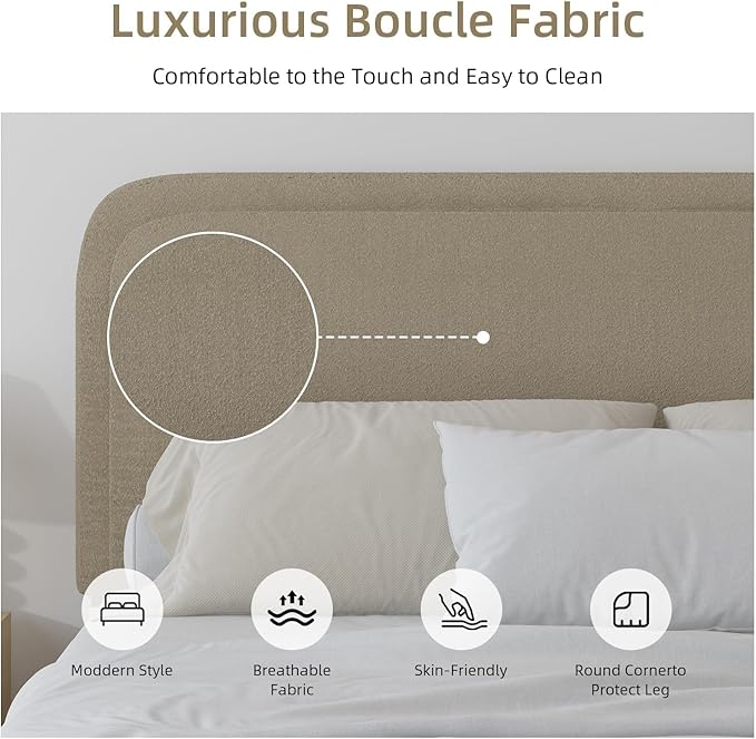 BarnFurin Twin Bed Frames with Headboard,Cloud Boucle Upholstered Platform Bed, Modern Style, Soft Rounded Corners, No Box Spring Needed, Easy Assembly, Beige