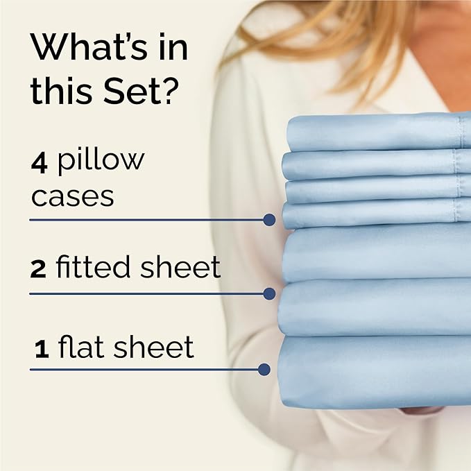 Split King 7 Piece Sheet Set - Cooling & Breathable - Hotel Luxury Bedding, Includes Fitted Sheets for Women, Men, Kids & Teens - 1 Flat, 2 Fitted Sheets, 4 Pillowcases with Deep Pockets - Sky Blue