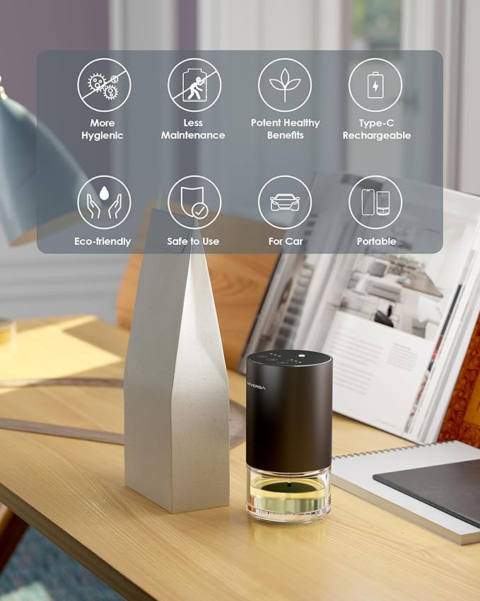 Waterless Essential Oil Diffuser Starter Kit with 30mL Hotel Scent Fragrance Oils Inspired of Ritz-C., Battery Operated Mini Scent Air Machine Portable Diffuser for Home Car Office, Black AN9