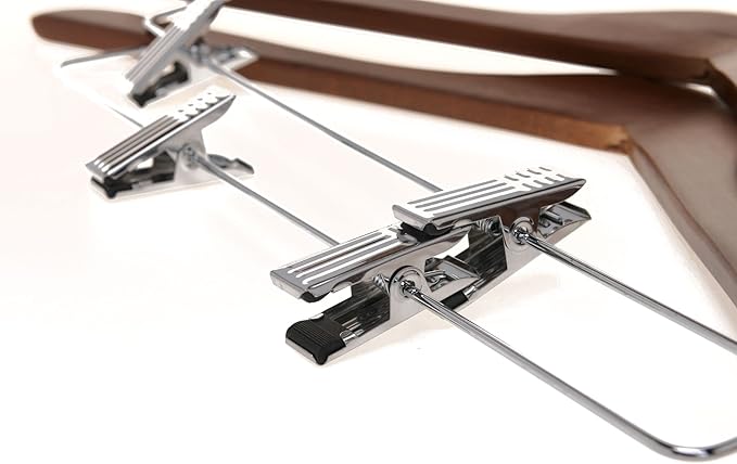 Quality Wooden Skirt Hangers with Clips Smooth Solid Wood Pants Hangers with Durable Adjustable Metal Clips, Swivel Hook, Coat, Jacket, Blouse Suit Hangers (Walnut - Chrome Hook, 20)