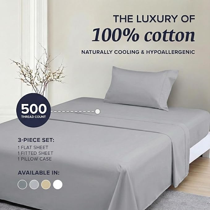 Beckham Hotel Collection Twin XL Sheet Set 100% Cotton, 500TC Luxury Sateen Bedding, 16” Deep Pocket, Moisture-Wicking, 3-Piece, Dark Gray