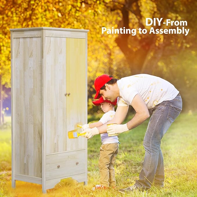 VINGLI Solid Wood Wardrobe Closet, Unfinished Natural Rubber Wood Armoire Color DIY, Wooden Wardrobe Closet with Doors and Drawers, Real Wooden Armoire for Hanging Clothes