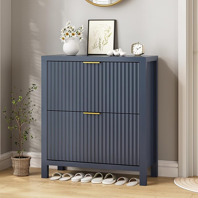 Shoe Cabinet Storage for Entryway, Fluted Shoe Cabinet with 2 Flip Drawers, Hidden Shoe Rack Tall Freestanding Shoe Organizer with Legs for Hallway, Blue