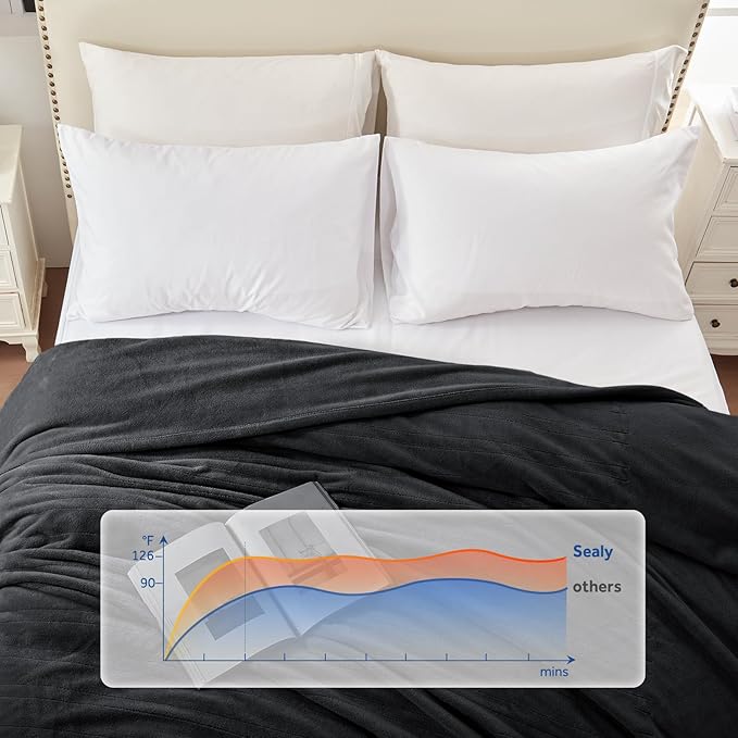 Sealy Electric Blanket Twin Size 62"x84", Soft Double Flannel Heated Blanket with 10 Heat Levels & 1-12 Hours Auto Shut Off, Machine Washable, Even Heat Distribution, Charcoal