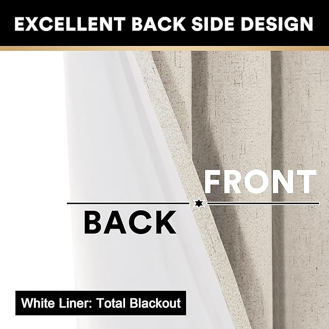 PrinceDeco Natural Linen Curtains 100% Blackout Linen Curtains for Bedroom Full Blackout Curtains 84 Inches Long Living Room Thermal Insulated Light Blocking Curtain Drapes White Backing, 2 Panels