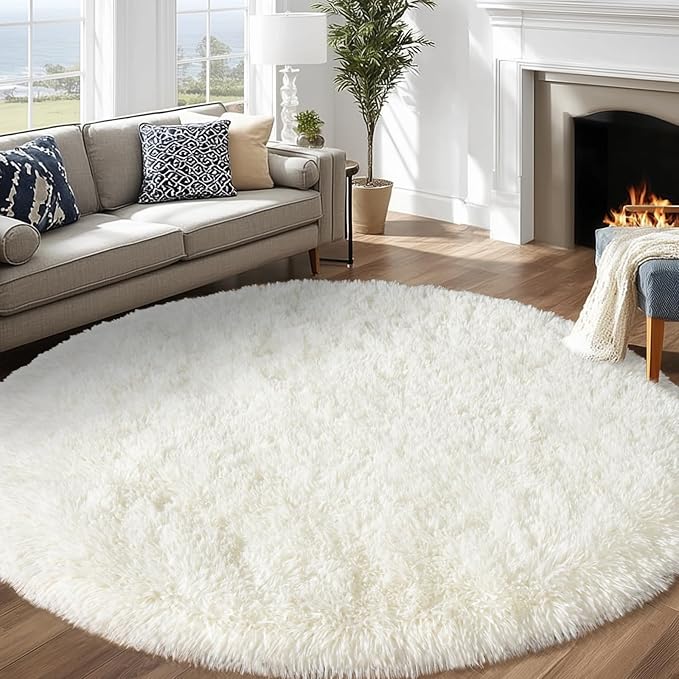 Round White Rug for Bedroom, 7 ft Circle Area Rugs for Living Room, Soft Large Fluffy Shag Carpet for Teen Girls Boys Nursery Room Dorm Home Decor Aesthetic