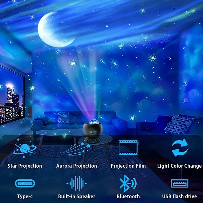 Aurora Projector,16-Color Star Projector,Moon Light Galaxy Projector,Supports USB Storage and Playback,Suitable for Children's bedrooms,Living Room Decoration,Christmas Gifts for Teenagers