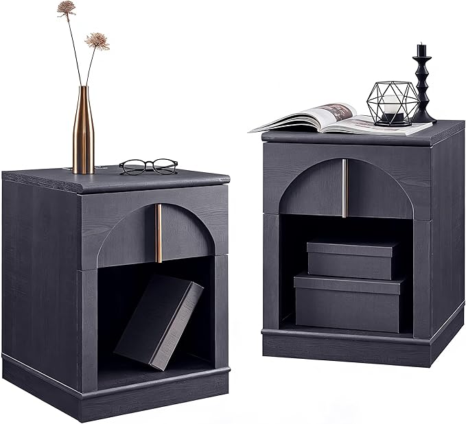 ACCOHOHO Modern Night Stand Set 2 with Arched Panel,18" Wooden nightstand with Charging Station,Bedside Table with Drawer Storage,Side End Table with Open Shelf for Bedroom,Living Room,Black