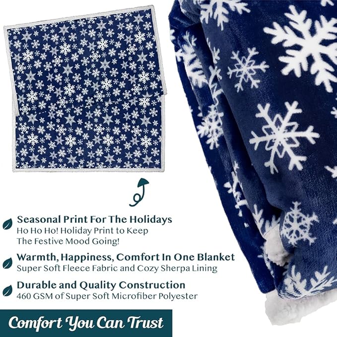 PAVILIA Premium Christmas Sherpa Throw Blanket | Blue Snowflake Decoration, Fleece, Plush, Warm, Cozy Reversible Microfiber Holiday Blanket 60 x 80 Inches