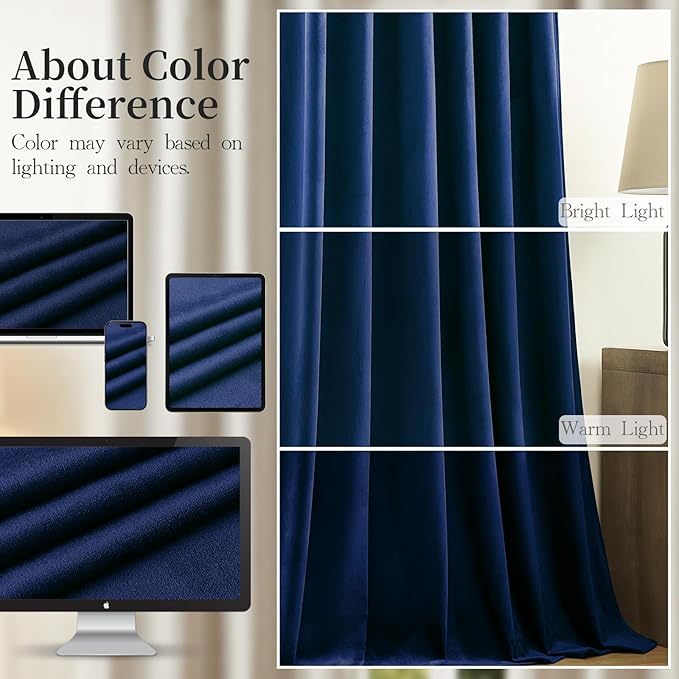 Navy Blue Velvet Blackout Curtains Extra Long Super Soft Room Darkening Drapes Elegant Thermal Insulated Sound Reducing Curtain for Bedroom Living Room, Back Tab Rod Pocket, W52 x L108, 2 Panels