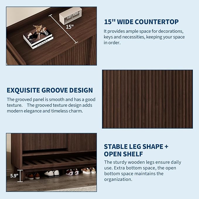 IDEALHOUSE Fluted Shoe Cabinet Storage with 2 Flip Drawers & Sliding Door & Adjustable Shelf Rack，Freestanding Wood Narrow Hidden Shoe Organizer for Entryway, Hallway, Living Room