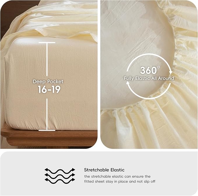 MooMee Bedding Sheet Set 100% Washed Cotton Linen Like Textured Breathable Durable Soft Comfy (Solid Cream White, King)