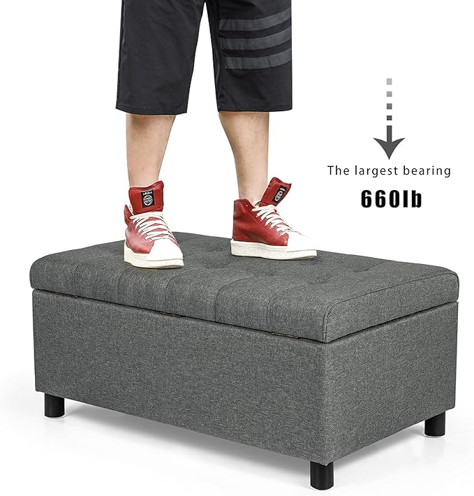 Joveco Rectangular Lift Top Storage Ottoman Bench, Tufted Storage Bench for Living Room Entryway Bedroom (Gray)