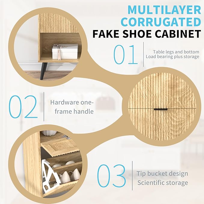 Shoe Storage Cabinet with 2 Flip Drawers, Narrow Shoe Cabinet for Entryway, Freestanding Slim Hidden Shoe Organizer Cabinet with Doors, Adjustable Shelf, Open Storage Space (Wood)
