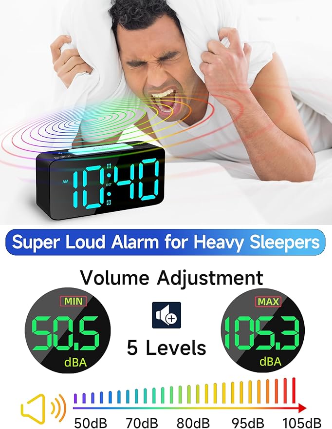 Cadmos Super Loud Alarm Clock for Heavy Sleepers Adults,Digital Clock with 7 Color NightLight,Adjustable Volume,USB Charger,Small Clocks for Bedrooms Bedside,ok to Wake for Kids,Teens (Black+RGB)