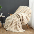Cozy Bliss Faux Fur Throw Blanket for Couch, Cozy Warm Plush Striped Blanket for Sofa Bedroom Living Room, 50 * 60 Inches Beige