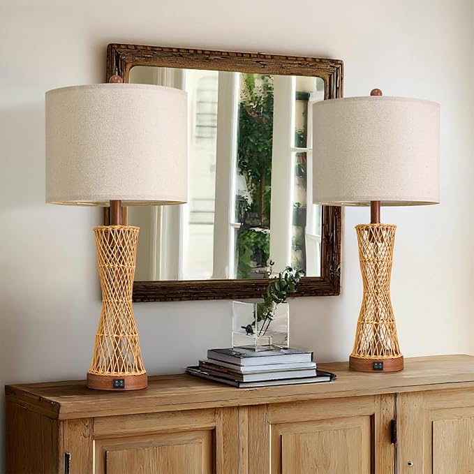 OYEARS 27" Table Lamps Set of 2 with Rattan & Dual Lights, Boho Lamps for Nightstands, Bedside Lamps for Bedroom, Nightstand Lamp for Living Room, Farmhouse Table Lamp for Office & Study