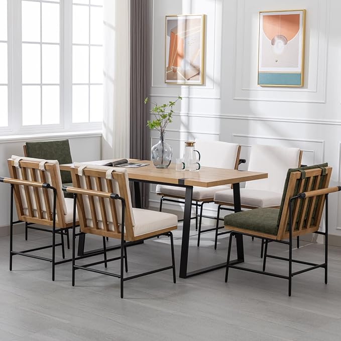 Modern Dining Chairs Set of 4, Comfy Linen Fabric Armless Side Chairs with Backrest Wooden Upholstered Seat Black Metal Legs for Dining Room Living Room, White