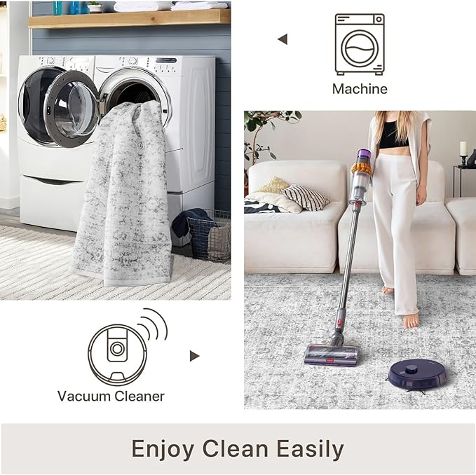 8x10 Area Rugs for Living Room, Non-Slip Backing Washable Rug 8x10, Grey Large Area Rug Soft Carpet for Bedroom Dining Room, Vintage Floral, Easy Clean, Durable, Low Pile Rug Under Table