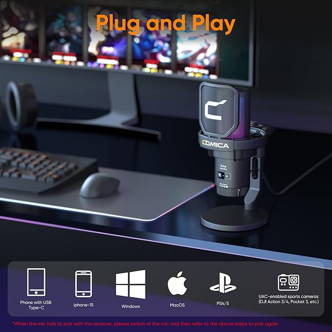 COMICA EJoy Uni Pro Wireless Gaming USB Microphone, Noise Cancellation RGB Condenser Mic with Mute, Gain, Monitoring, Pop Filter&Shock Mount for Recording, Streaming, Podcast, PS5, PS4, PC, YouTube