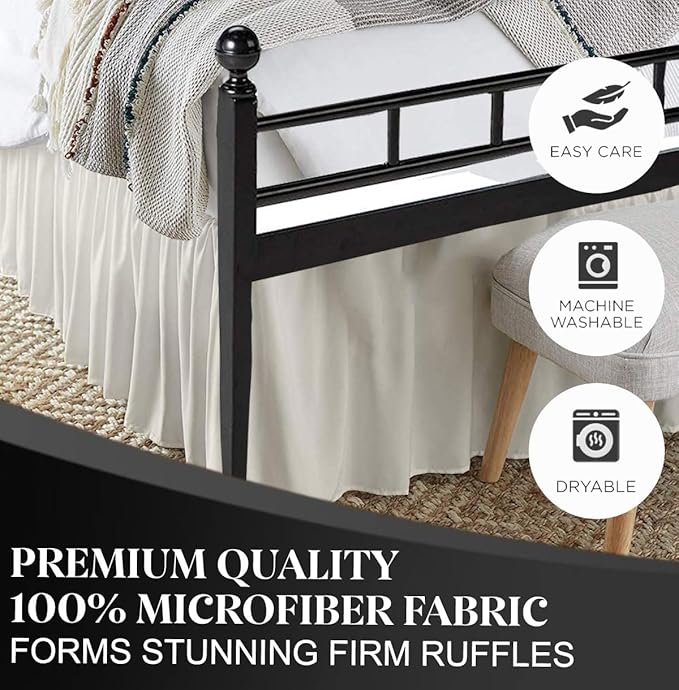 Ruffled Bed Skirt with Split Corners, Ivory, Queen 16 Inch Drop Bedskirt, Hotel Quality Brushed Microfiber Wrinkle Free Dust Ruffle Bed Skirt Queen Size