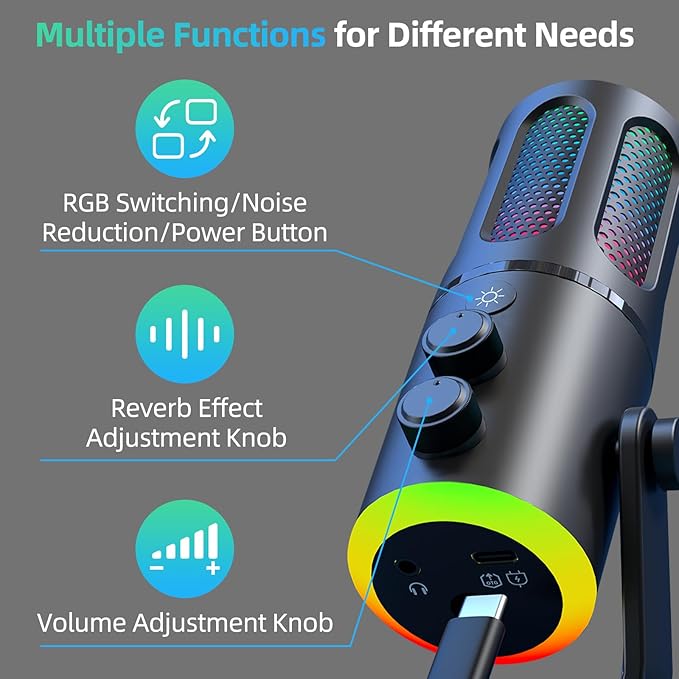 Wireles USB Condenser Microphone for PC Laptop - Studio Sound Gaming Mic for Podcast Streaming Asmr YouTube with Volume Control, Reverb Mode