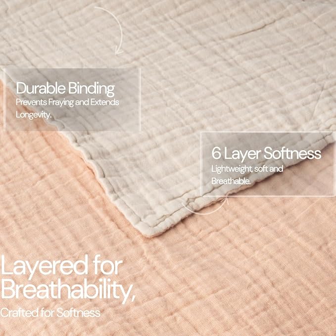 Salt Earth 100% Cotton Muslin Blanket, Gauze 55"X75" Twin, 6 Layered for Couch, Bed, Living Room, Home, Lightweight & All Season Blankets & Throws, Easy wash, Skin Friendly (Rose Dust/Moonbeam)
