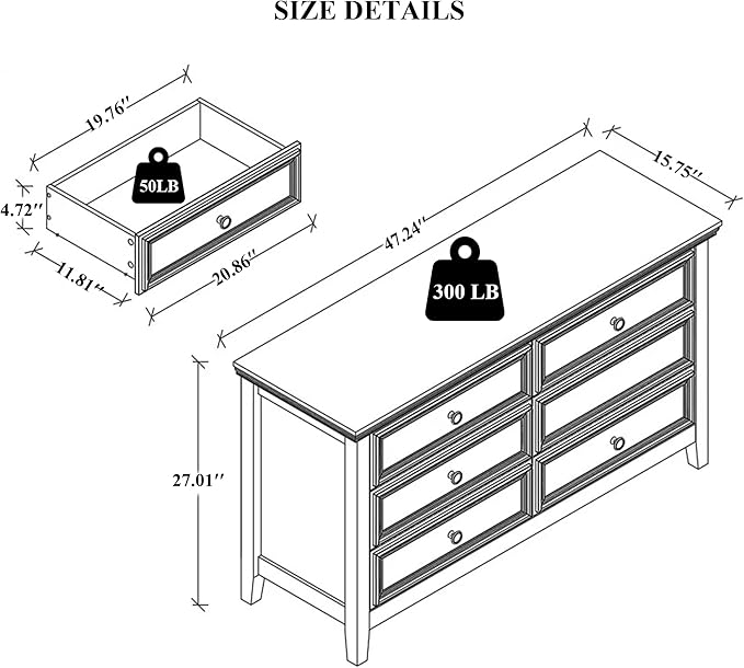 White Dresser for Bedroom 6 Drawers Dresser - 47.2" Wide 6 Chest of Drawers Storage Double Cabinet as Bedfoot Organizer & Wardrobe Cabinet