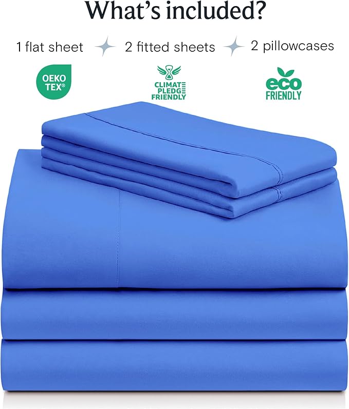 LuxClub 5 PC Sheet Set Bed Sheets Deep Pockets 16" Eco Friendly Wrinkle Free Cooling Machine Washable Hotel Bedding Silky Soft - Marine Blue Split King
