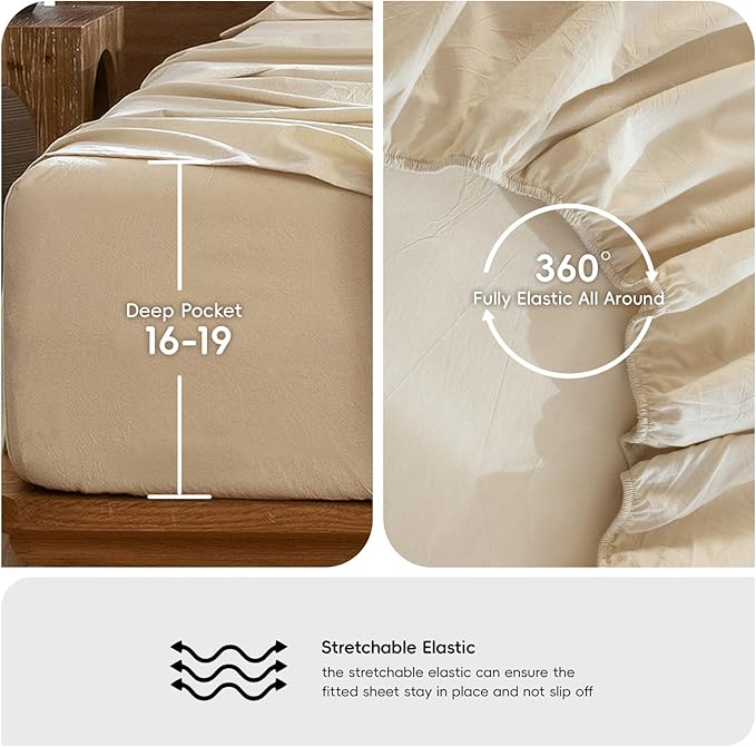 MooMee Bedding Sheet Set 100% Washed Cotton Linen Like Textured Breathable Durable Soft Comfy (Heathered Almond Milk Grey, Split King)