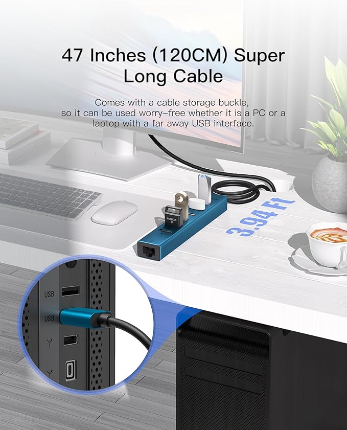 7 Ports USB 3.0 Hub, USB to Network HUB with 3.9ft Long Cable for Laptop, USB Splitter with Gigabit Ethernet Port and 5V/3A Power Port, MultiPort Aluminum Hub for iMac, PC, Flash Drives (Blue)
