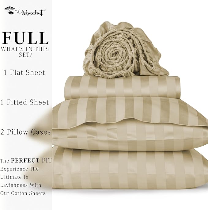 URBANHUT 800 Thread Count 100% Cotton Damask Full Size Sheets, 4 Piece Striped Full Size Bedsheets, Luxury Hotel Sheets Sateen Weave - Better Than Egyptian, 16" Elasticized Deep Pocket- Sand