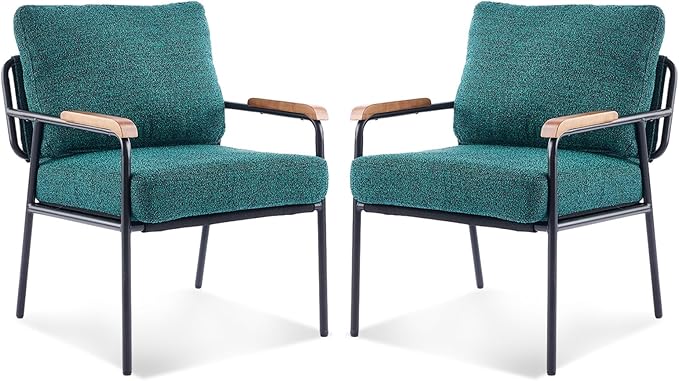 VINGLI Mid-Century Modern Accent Armchiars Set of 2 for Small Space, Small Comfy Upholstered Leisure Reading Chairs with Wood Armrests for Bedroom, Living Room, Waiting Room, Linen Dark Green
