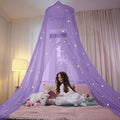 Bollepo Purple Bed Canopy for Girls with Glowing Stars - Princess Netting Room Decor, Ceiling Tent to Cover Toddler | Single, Twin, Full, Queen Size Kids Bed, Fire Retardant Fabric
