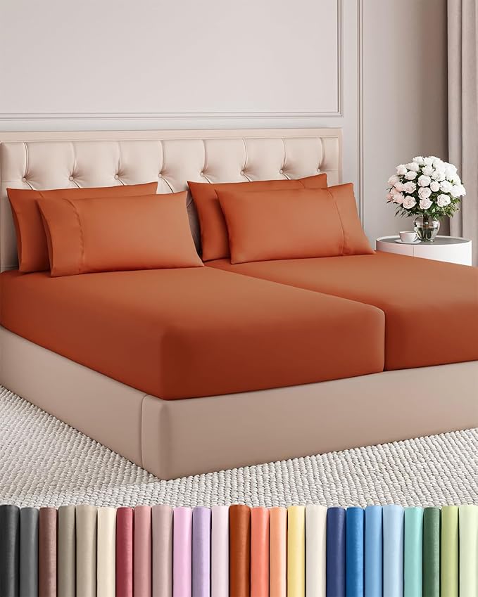 Split King 7 Piece Sheet Set - Cooling & Breathable - Hotel Luxury Bedding, Includes Fitted Sheets for Women, Men, Kids & Teens - 1 Flat, 2 Fitted Sheets, 4 Pillowcases w/Deep Pockets - Terracotta
