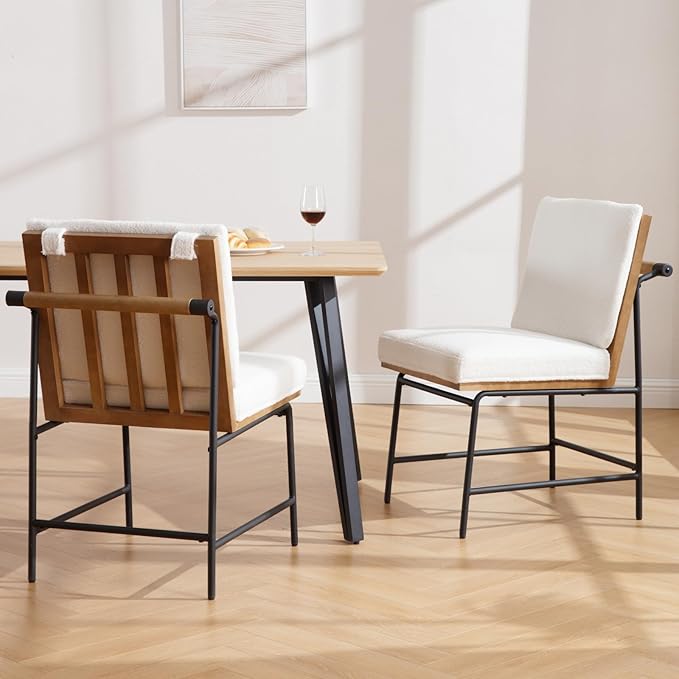 Modern Dining Chairs Set of 2, Comfy Sherpa Fabric Armless Upholstered Side Chairs with Wooden Backrest Black Metal Legs for Dining Room Living Room, White