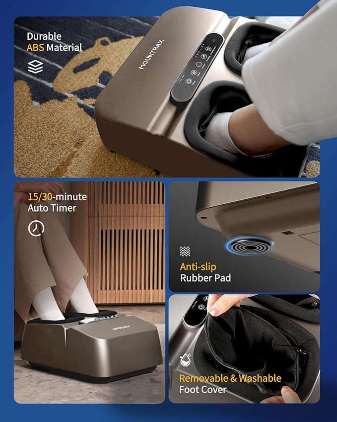 MOUNTRAX Foot Massager Machine with Heat, Foot Massager for Plantar Fasciitis, Neuropathy Pain, Shiatsu Foot Massager with Remote, Fits Feet Up to Men Size 12 (Gray)