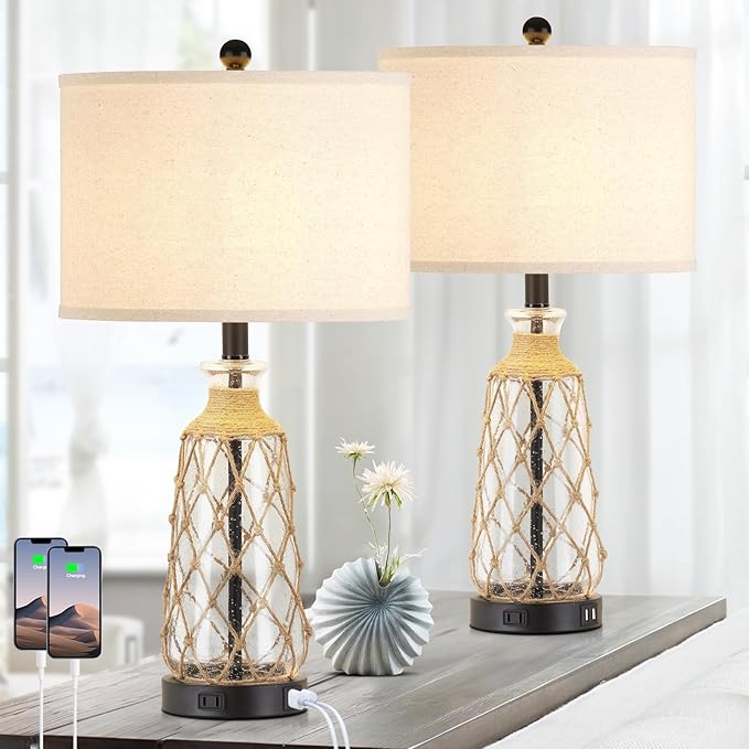 25.5" Coastal Glass Table Lamps Set of 2, 3-Way Dimmable Touch Control Bedside Lamps with 2 USB Ports and AC Outlet, Clear Nautical Nightstand Lamp for Bedroom Living Room (LED Bulbs Included)