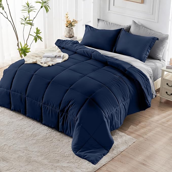 JOLLYVOGUE California King Comforter Set, Ultra-Soft Cal King Size Comforter Sets, 7-Piece Bed in a Bag, Goose Down Alternative, Oeko-TEX Certified, Sheets & Pillowcases, Navy Blue & Light Grey
