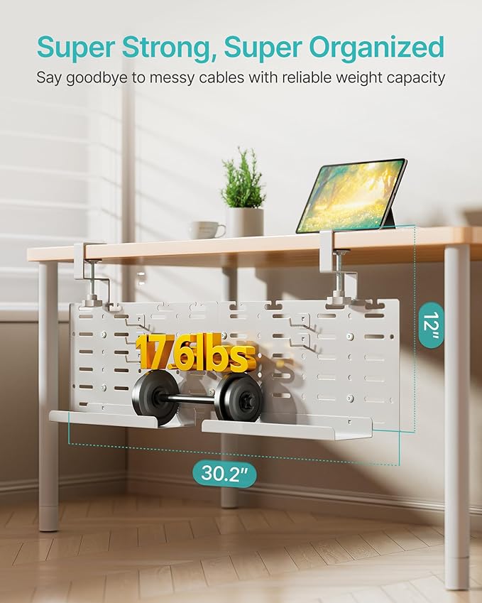 Under Desk Cable Management Tray, 30.2" Vertical Metal Pegboard Organizer for Power Strip, Cables, Clamp On Cord Organizer Rack with Hooks, Trays & Cable Straps for Home Office, White