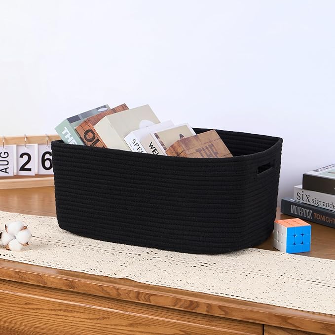 Large Storage Baskets for Organizing, Closet Shelf Baskets for Clothes Blanket Towels, Baby Nursery, Toy Bins Box, Woven Rope Baskets, 17 x 13 x 7.5”, 4 Packs Black