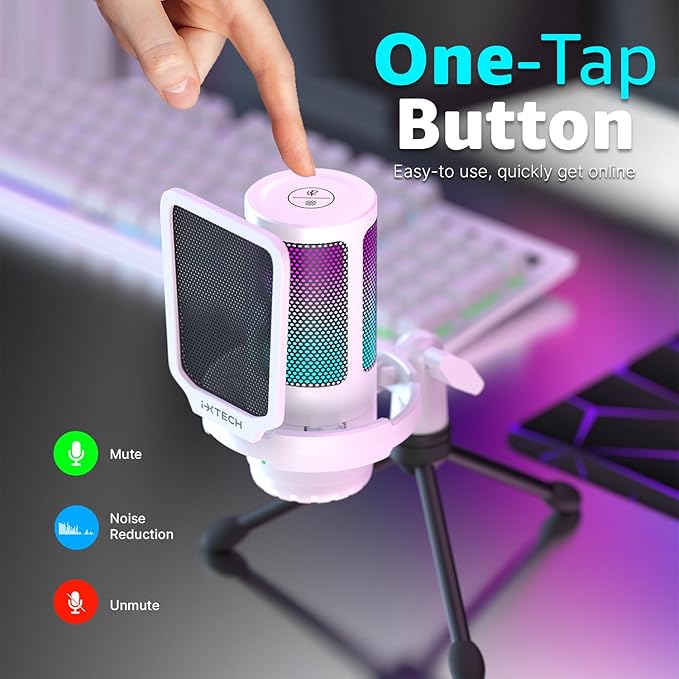 IXTECH USB Gaming Microphone for PC, RGB Condenser Microphone with Tripod Stand, Pop Filter, Rotate Gain Button, and Quick Mute, Noise Cancellation Computer Mic for Streaming, Gaming, Podcasting